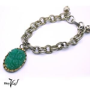 Vintage Oriental Asian Style Charm Bracelet Green Oval Dangle 7" Chain - Hey Viv